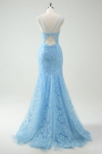 Cielo blu sirena spaghetti cinghie Appliqued lungo Abito da cerimonia con fessura